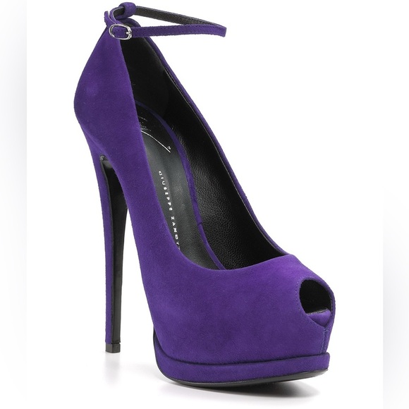 Giuseppe Zanotti Shoes - Giuseppe Zanotti Violet  Designer Luxury Suede Peep-Toe Platform Pump Heels